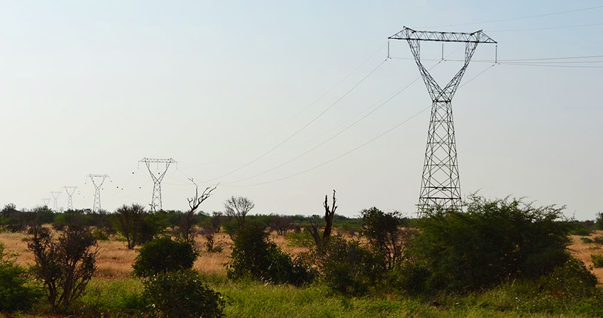 High-voltage electric power transmission line in the Tsavo East National Park, Kenya